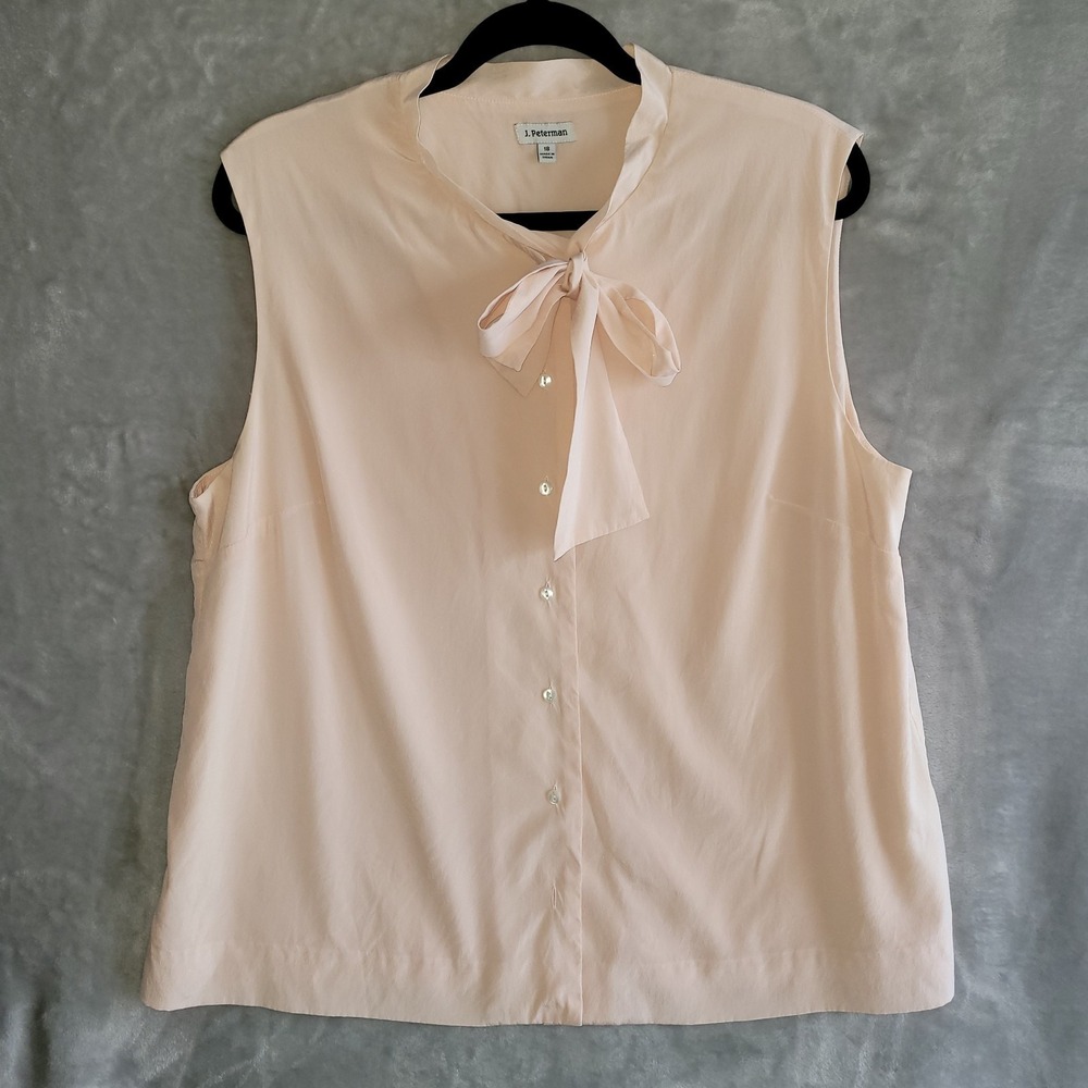 J Peterman Soft Pink Lined Silk Top Button Down Sleeveless w/Neck Tie Sz 18